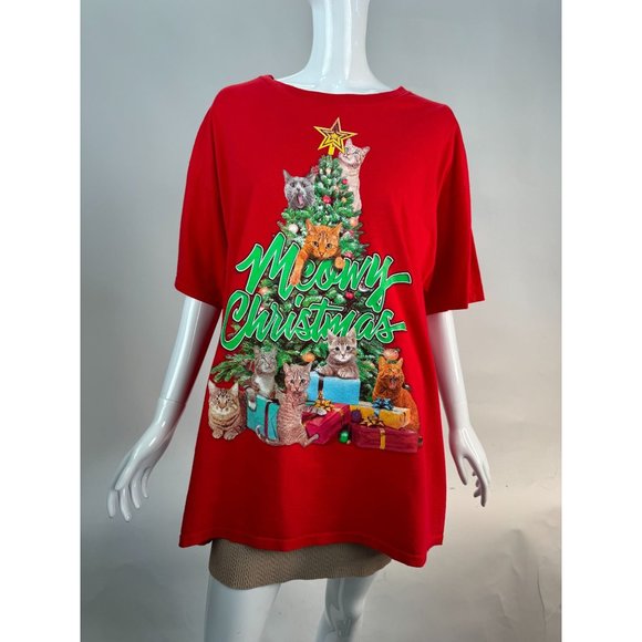 DEC 25TH Merry Christmas Cat Tree Ugly TShirt Contest XL RED COTTON - Picture 4 of 16